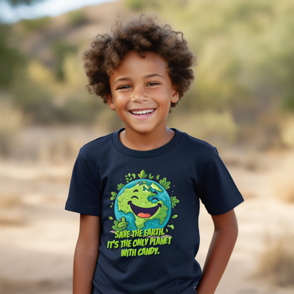 Image: Earth Day tee, navy blue youth unisex crewneck shirt with large cartoon smiling planet earth, with water and leaves. Text reads Save the Earth! Its the only planet with candy! Makes a great gift and reminder to save our planet, by jaecrece