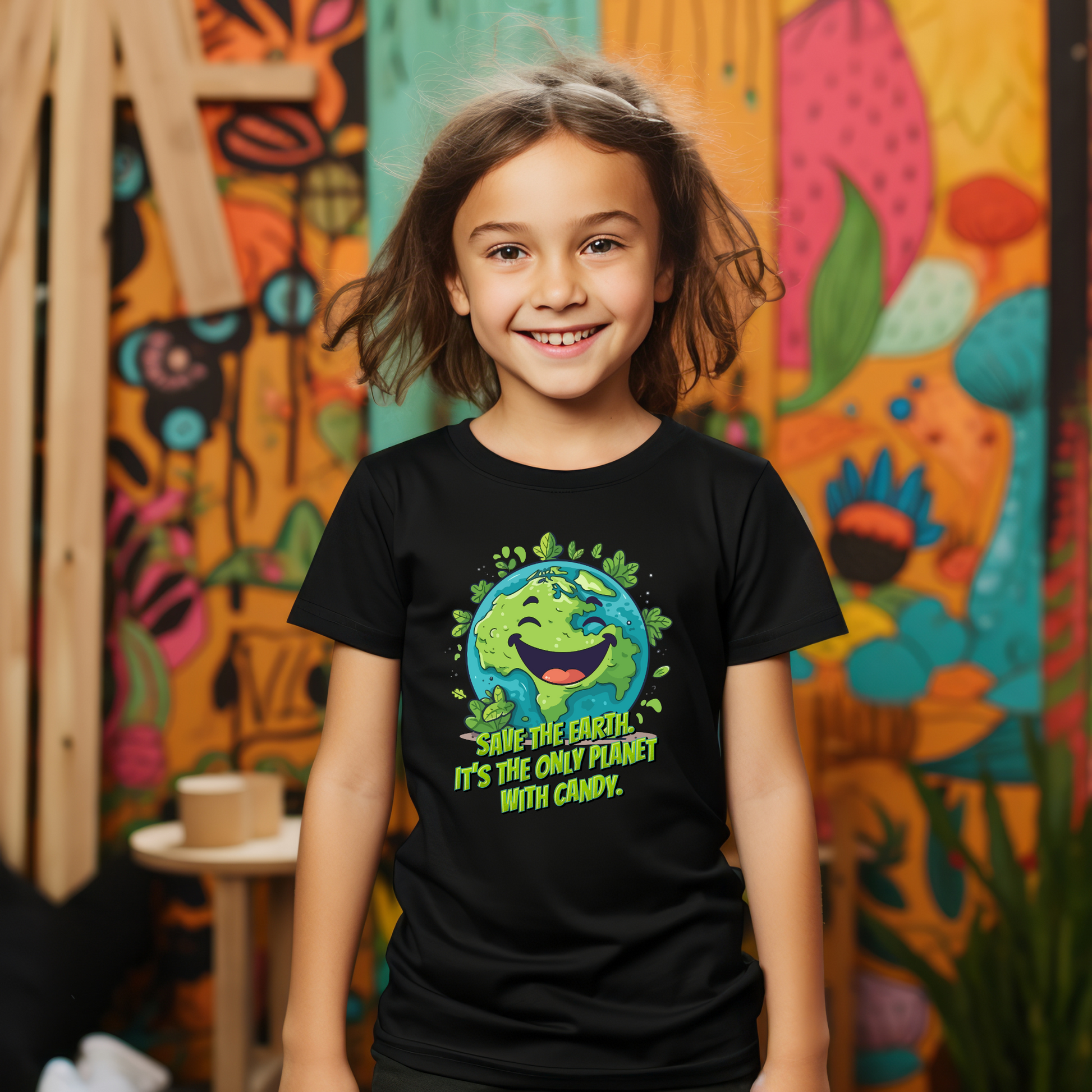 Image: Earth Day tee, black youth unisex crewneck shirt with large cartoon smiling planet earth, with water and leaves. Text reads Save the Earth! Its the only planet with candy! Makes a great gift and reminder to save our planet, by jaecrece