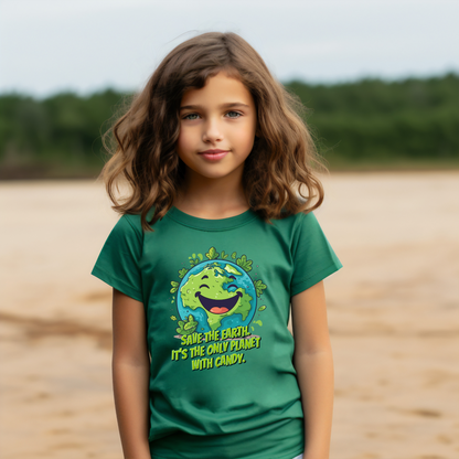 Image: Earth Day tee, green youth unisex crewneck shirt with large cartoon smiling planet earth, with water and leaves. Text reads Save the Earth! Its the only planet with candy! Makes a great gift and reminder to save our planet, by jaecrece