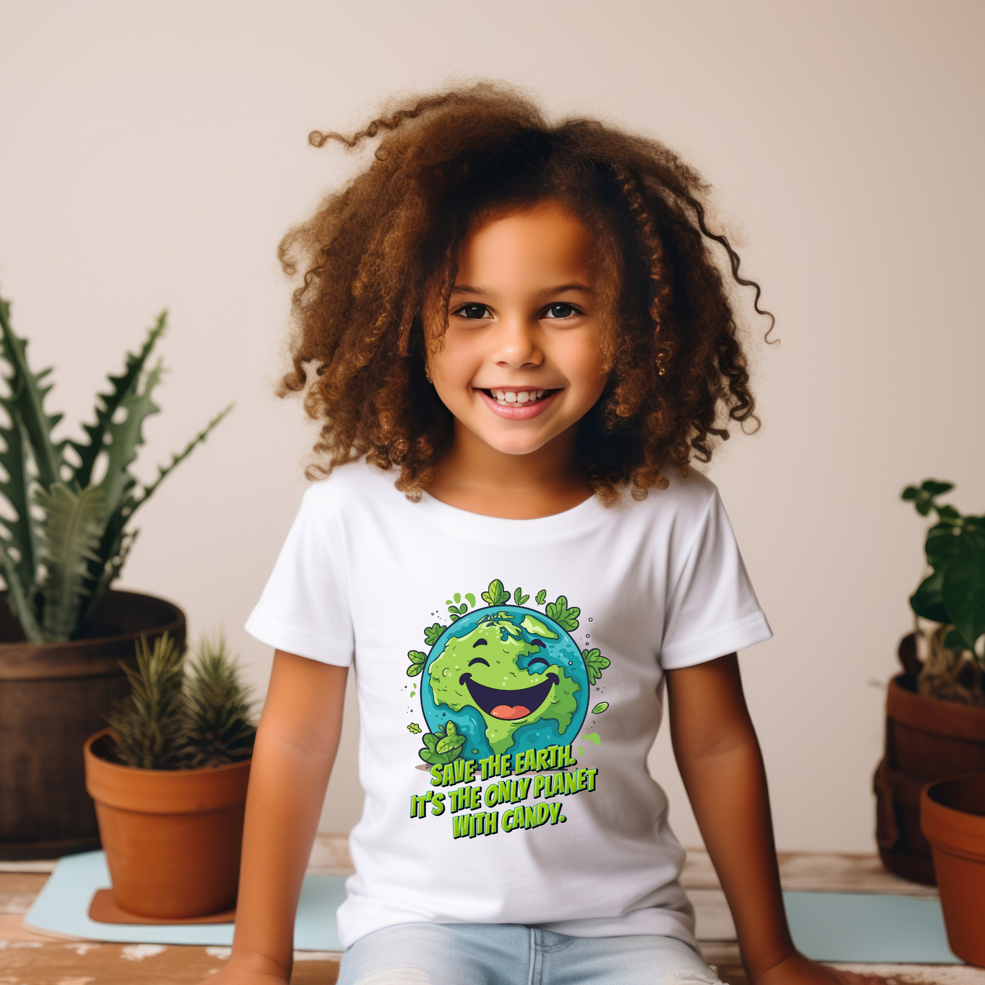 Image: Earth Day tee, white youth unisex crewneck shirt with large cartoon smiling planet earth, with water and leaves. Text reads Save the Earth! Its the only planet with candy! Makes a great gift and reminder to save our planet, by jaecrece