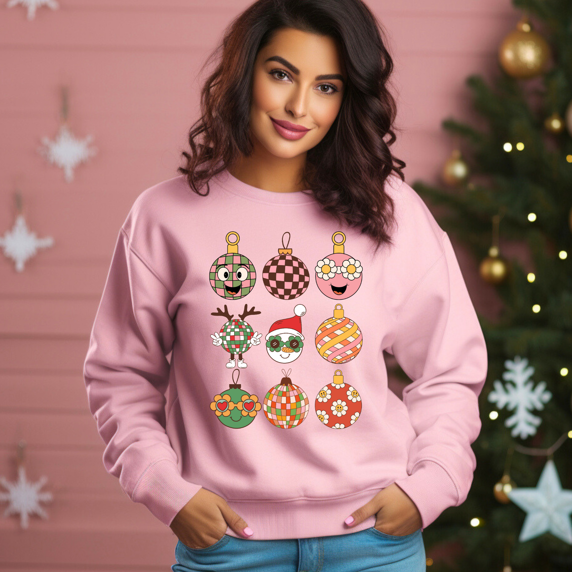 This ladies holiday sweatshirt features 9 different Retro Christmas, such as disco balls, snowmen, reindeer and daisies.  Ornament Sweatshirt, Vintage Xmas Shirt, Groovy Holiday Pullover, Boyfriend Crewneck, Festive Checkerboard Sweater, by jaecrece