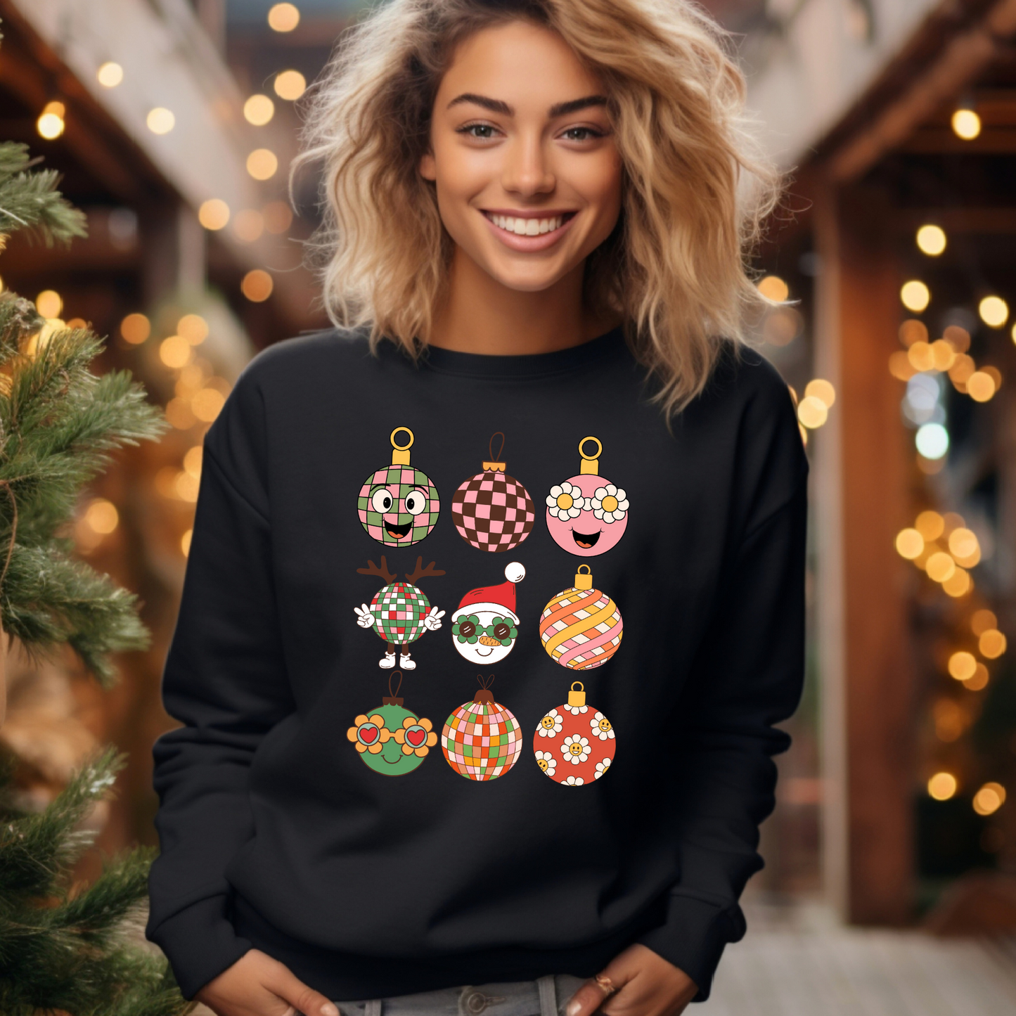 This ladies holiday sweatshirt features 9 different Retro Christmas, such as disco balls, snowmen, reindeer and daisies.  Ornament Sweatshirt, Vintage Xmas Shirt, Groovy Holiday Pullover, Boyfriend Crewneck, Festive Checkerboard Sweater, by jaecrece