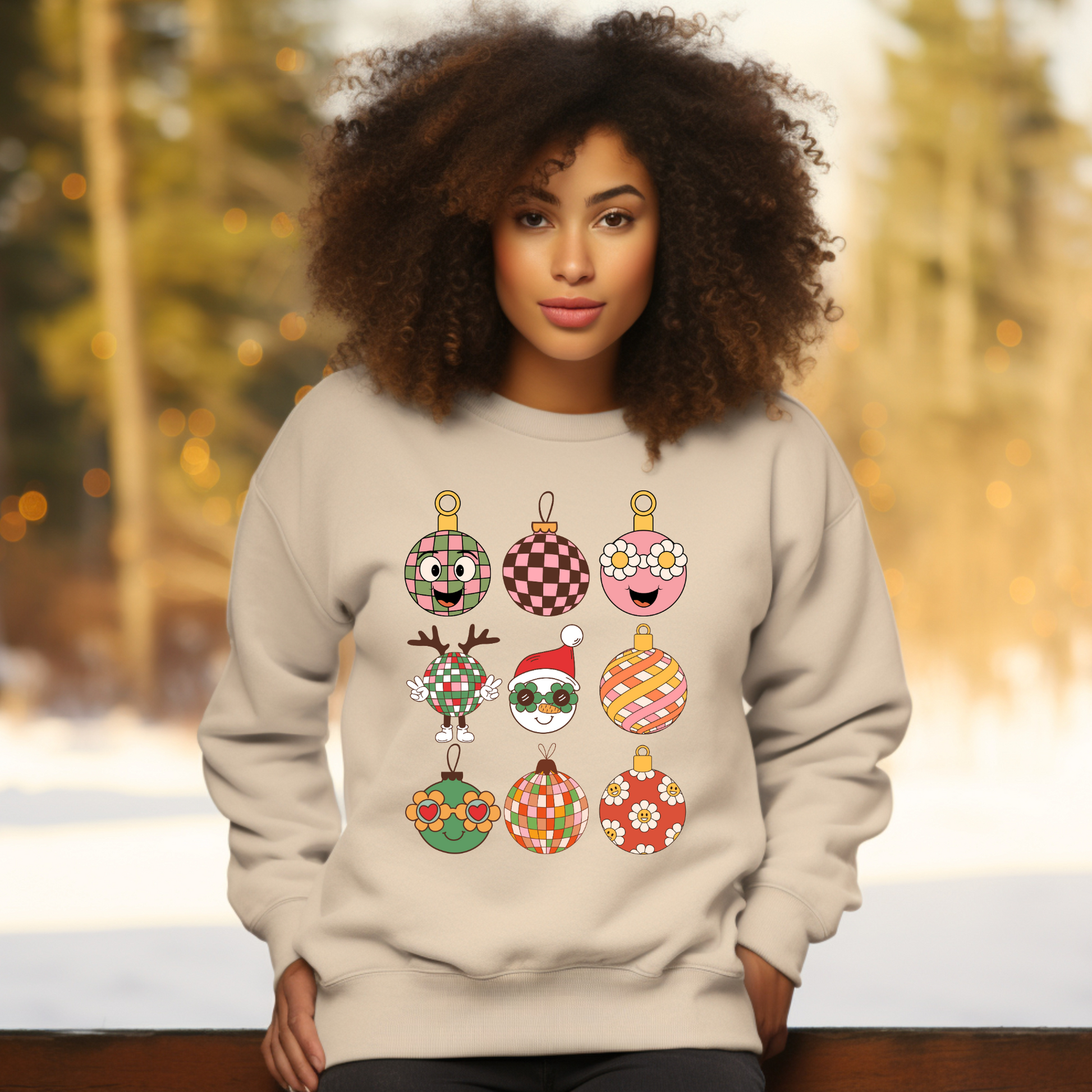 This ladies holiday sweatshirt features 9 different Retro Christmas, such as disco balls, snowmen, reindeer and daisies.  Ornament Sweatshirt, Vintage Xmas Shirt, Groovy Holiday Pullover, Boyfriend Crewneck, Festive Checkerboard Sweater, by jaecrece