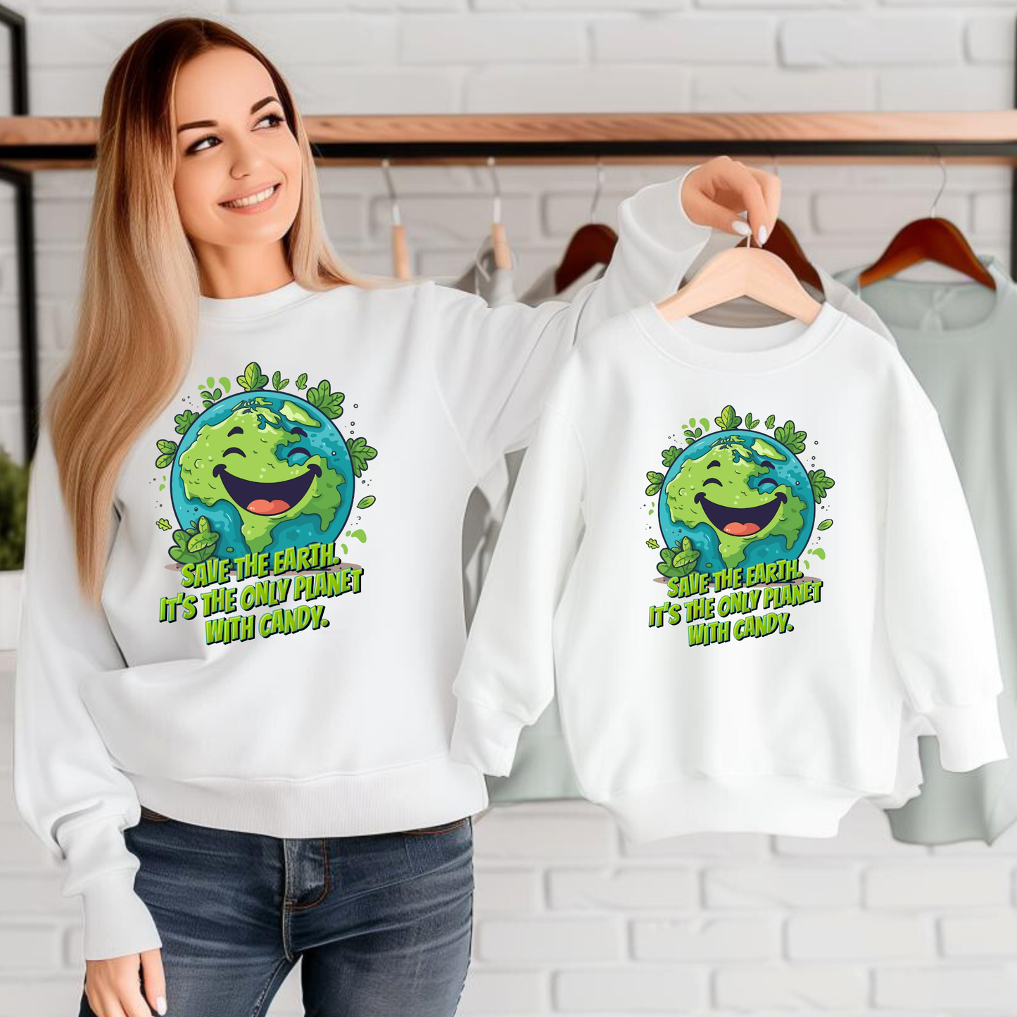 Image: Earth Day Adult Unisex Crewneck Sweatshirt, with a large cartoon graphic of a cheerful earth, with the text Save the Earth! Its the only planet with candy! by jaecrece