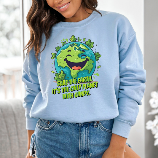 Funny Earth Day sweatshirt with the quote “Save the Earth, It’s the Only Planet with Candy.” Made with Gildan 18000 adult sweatshirt, soft and durable, unisex fit S–5XL. Available in 7 colors and matching kids’ sizes for family outfits. Perfect for eco-conscious adults, novelty clothing lovers, and playful graphic sweatshirt enthusiasts. Great casual wear, gift for planet lovers, or holiday Earth Day apparel.