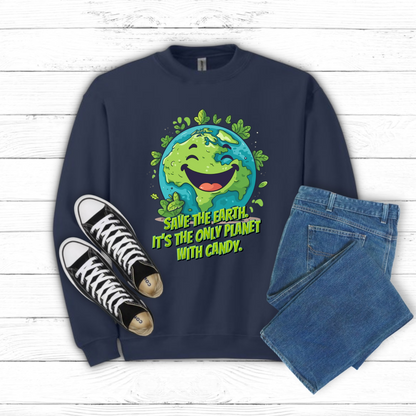 Image: Earth Day Adult Unisex Crewneck Sweatshirt, with a large cartoon graphic of a cheerful earth, with the text Save the Earth! Its the only planet with candy! by jaecrece