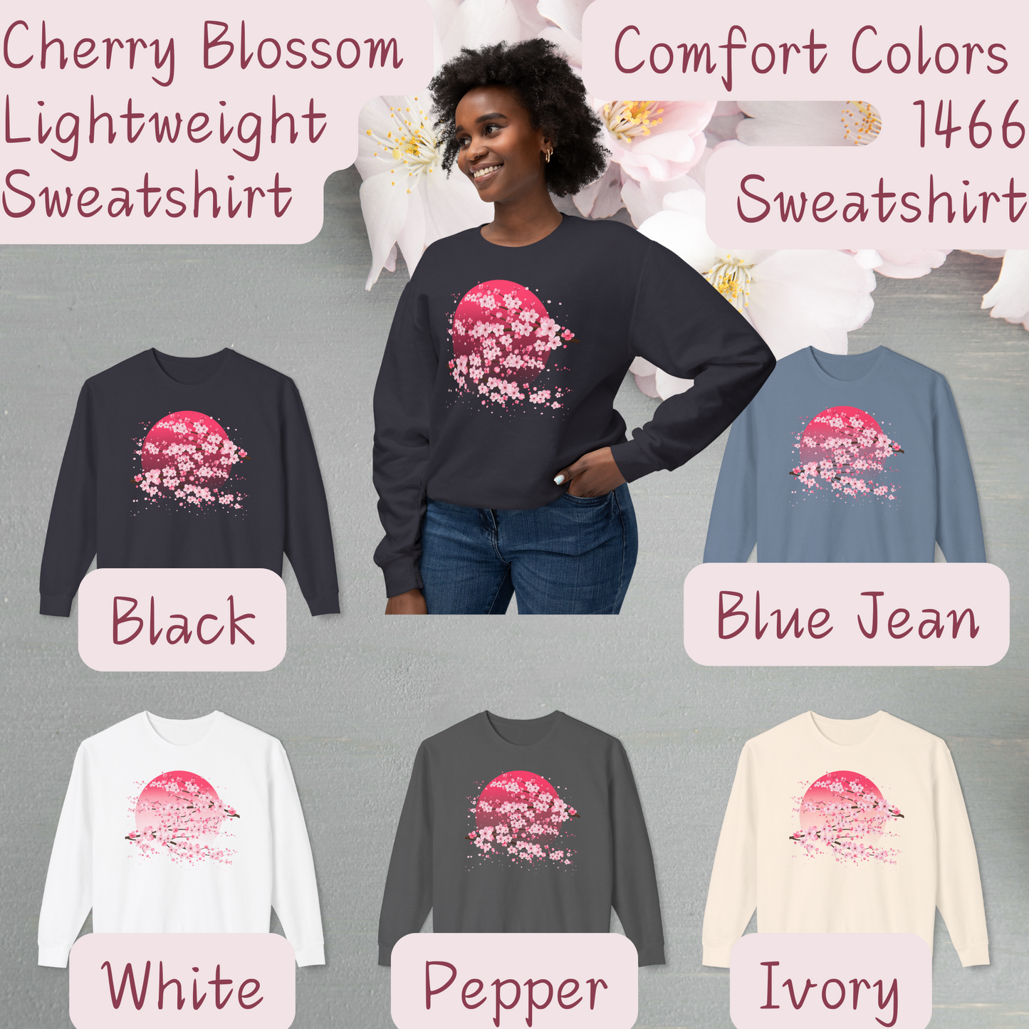 Image: Japanese Cherry Blossom Womens Comfort Colors 1466 sweatshirt featuring a serene pink moon design with delicate Japanese cherry blossom (sakura) branches. This cozy, vintage-washed crewneck offers a relaxed fit, perfect for casual wear. Inspired by Japanese aesthetics, this sakura sweatshirt captures the beauty of nature and the fleeting elegance of cherry blossoms under a moonlit sky. Ideal for spring outfits, hanami festivals, or anyone who loves Japanese-inspired fashion and celestial designs.