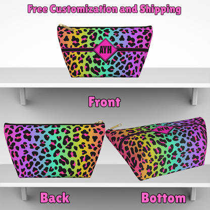 Personalized Rainbow Leopard Accessory Pouch | Dopamine Custom Makeup Bag with Initials
