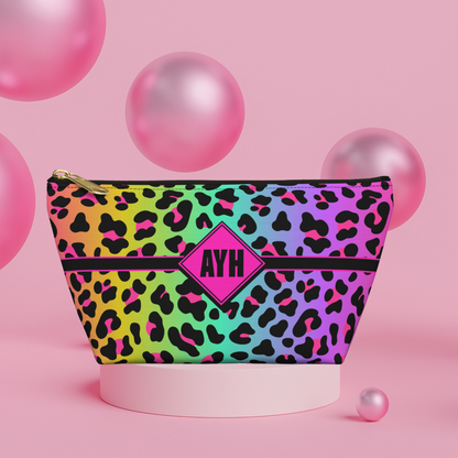 Personalized Rainbow Leopard Accessory Pouch | Dopamine Custom Makeup Bag with Initials