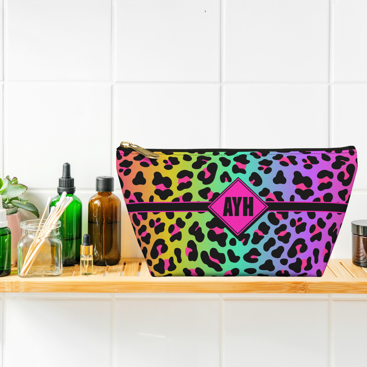 Personalized Rainbow Leopard Accessory Pouch | Dopamine Custom Makeup Bag with Initials