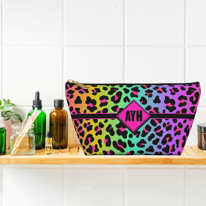 Personalized Rainbow Leopard Accessory Pouch | Dopamine Custom Makeup Bag with Initials
