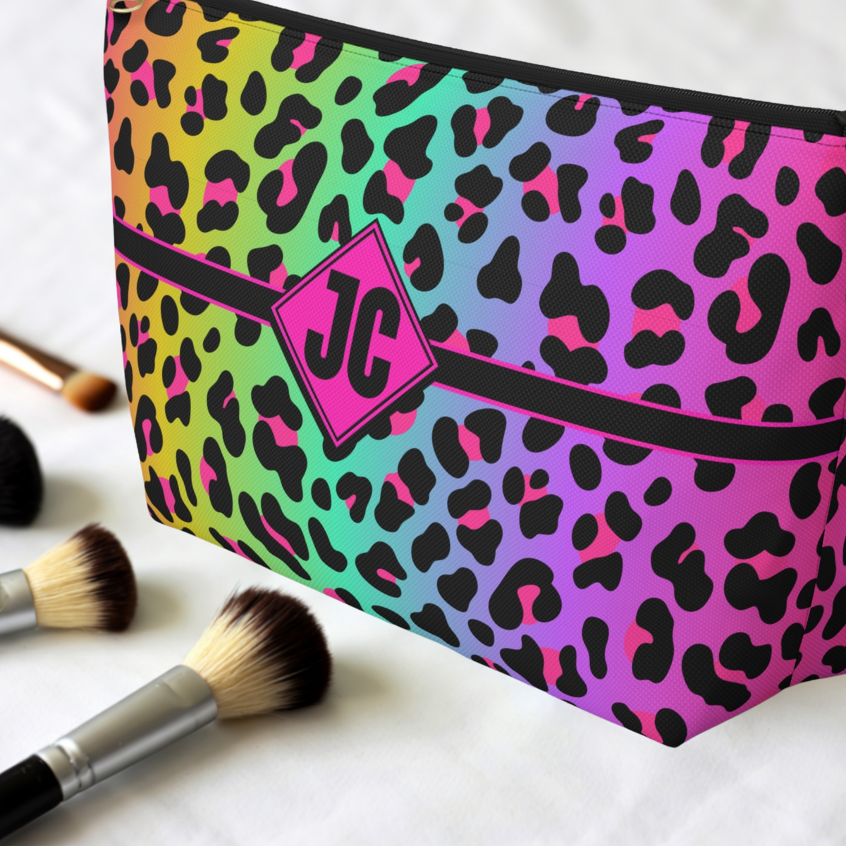 Personalized Rainbow Leopard Accessory Pouch | Dopamine Custom Makeup Bag with Initials