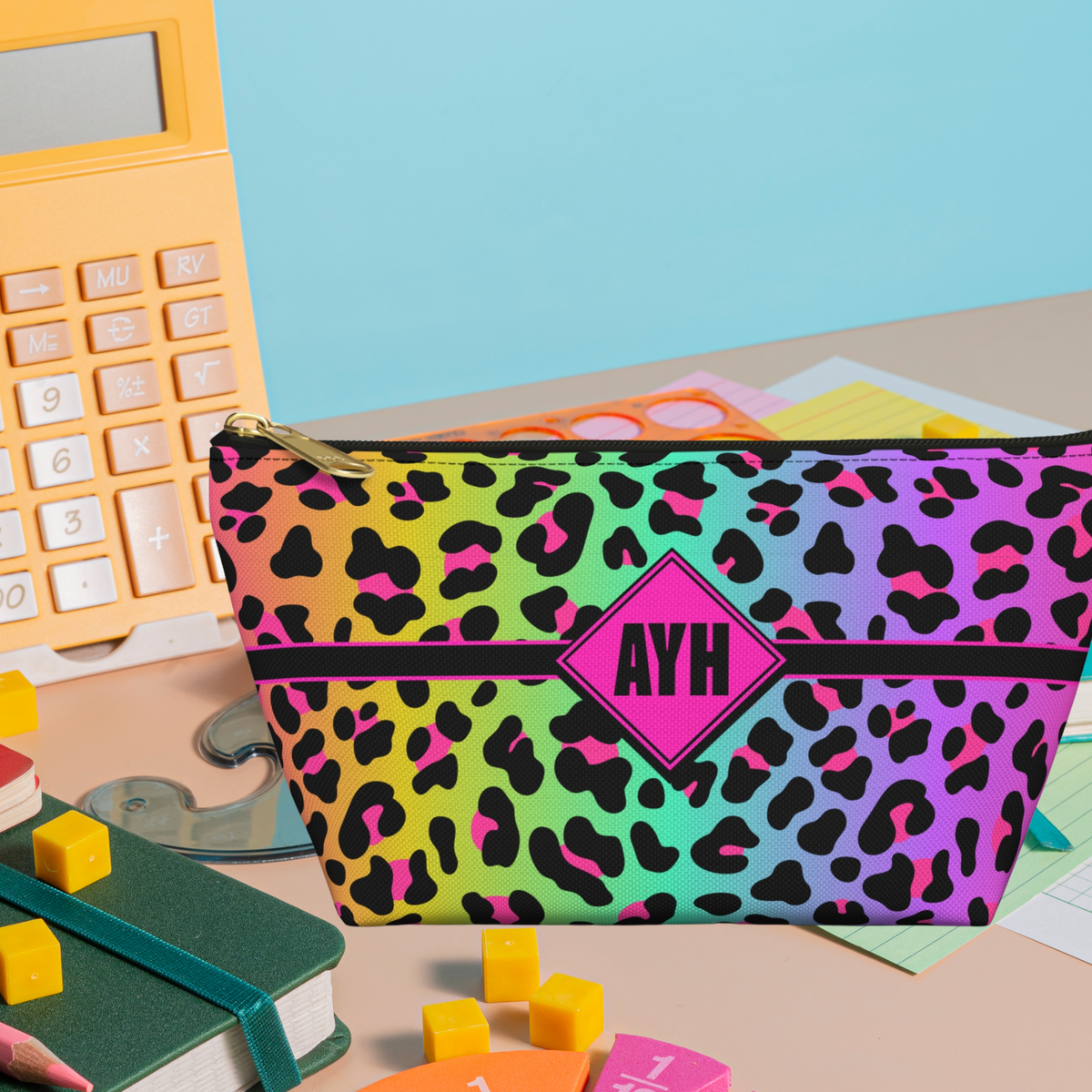 Personalized Rainbow Leopard Accessory Pouch | Dopamine Custom Makeup Bag with Initials