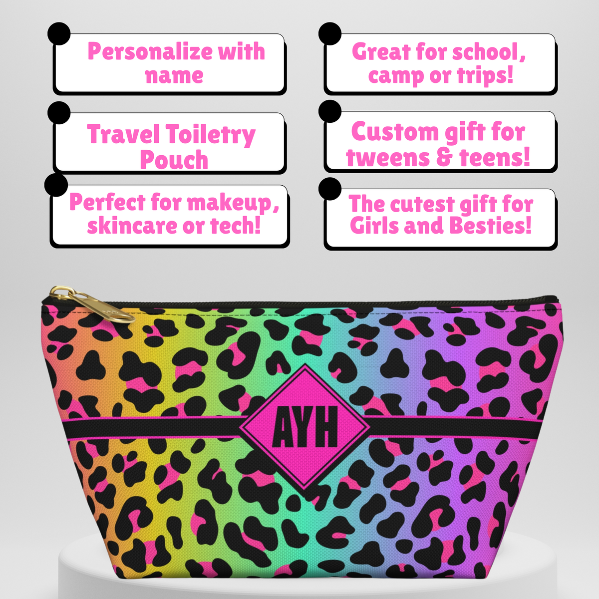 Personalized Rainbow Leopard Accessory Pouch | Dopamine Custom Makeup Bag with Initials