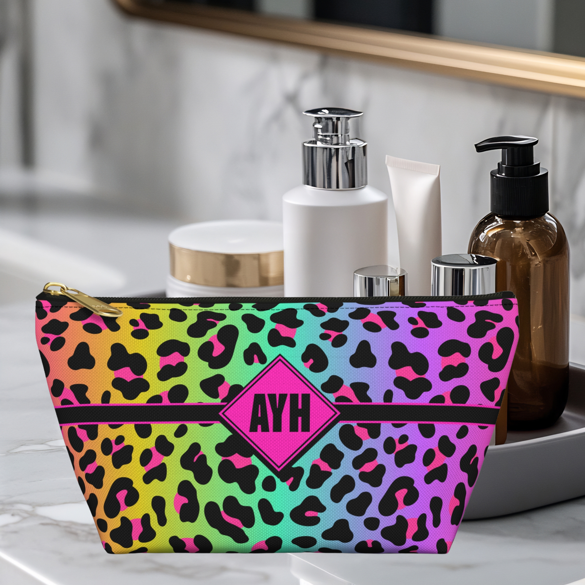 Personalized Rainbow Leopard Accessory Pouch | Dopamine Custom Makeup Bag with Initials