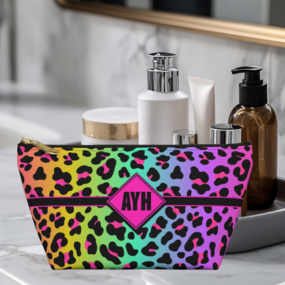 Personalized Rainbow Leopard Accessory Pouch | Dopamine Custom Makeup Bag with Initials