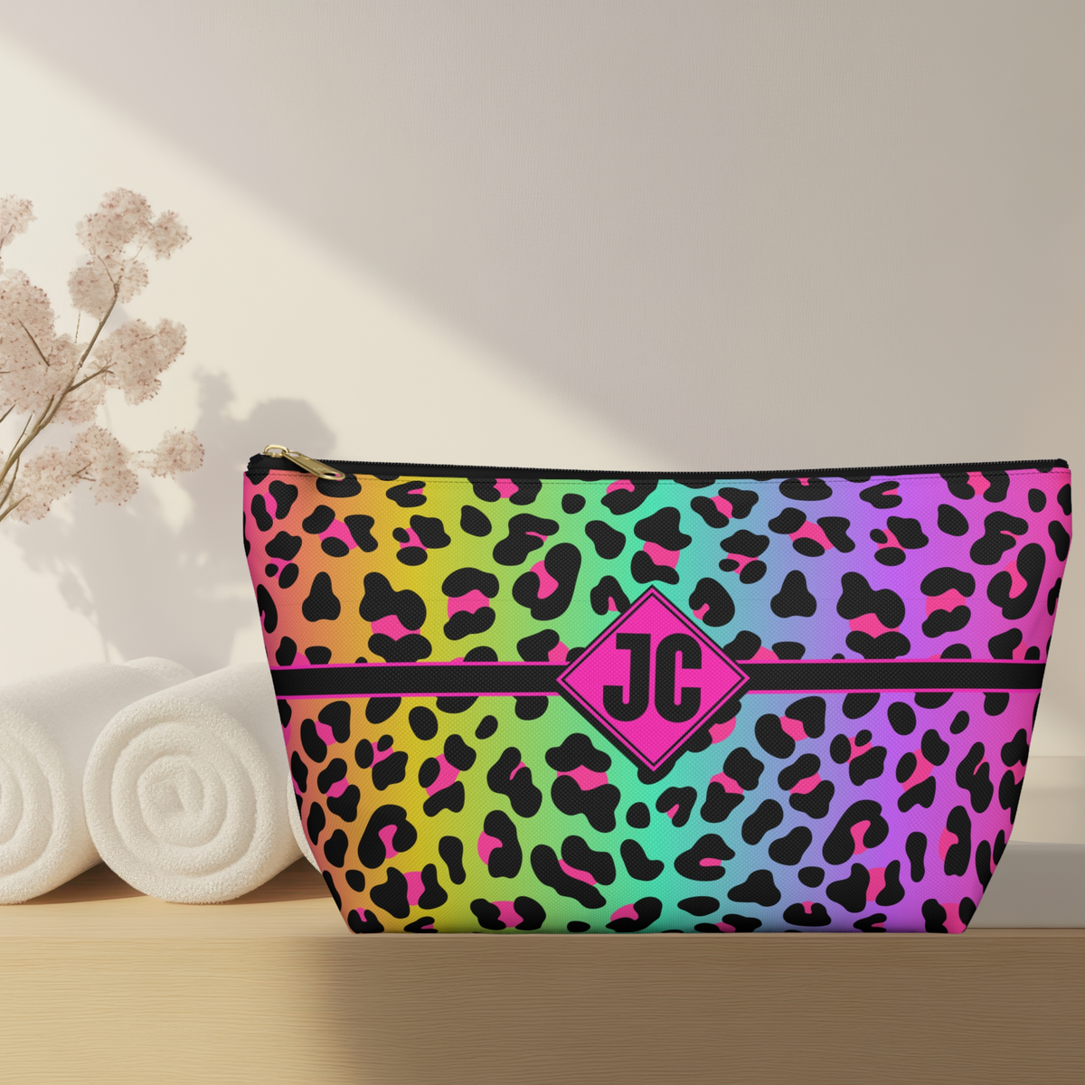 Personalized Rainbow Leopard Accessory Pouch | Dopamine Custom Makeup Bag with Initials