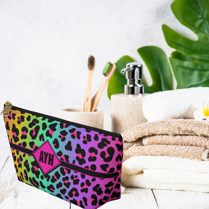 Personalized Rainbow Leopard Accessory Pouch | Dopamine Custom Makeup Bag with Initials