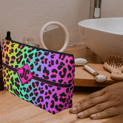 Personalized Rainbow Leopard Accessory Pouch | Dopamine Custom Makeup Bag with Initials