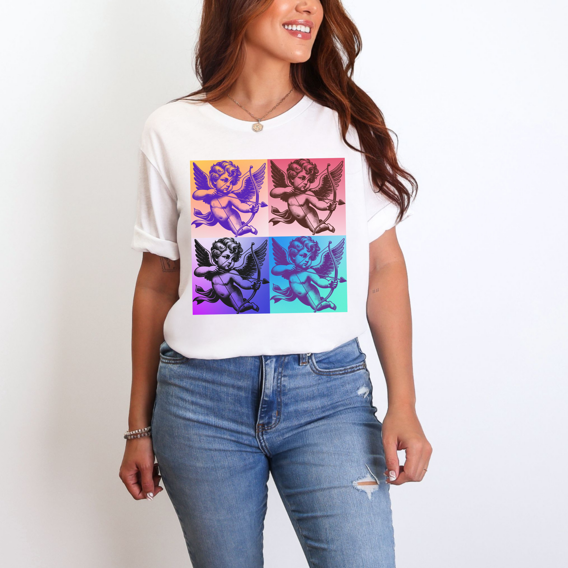 Soft cotton adult Valentine’s Day shirt with a pop art Cupid floating through the clouds. Offered in black, white, and pink, this retro-inspired T-shirt is part of a full matching family set. Great for parents who want to coordinate with toddlers and teens, this stylish tee embraces the coquette and soft girl aesthetic, making it a festive yet wearable choice for February 14 or year-round artsy style.