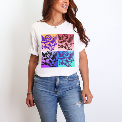 Soft cotton adult Valentine’s Day shirt with a pop art Cupid floating through the clouds. Offered in black, white, and pink, this retro-inspired T-shirt is part of a full matching family set. Great for parents who want to coordinate with toddlers and teens, this stylish tee embraces the coquette and soft girl aesthetic, making it a festive yet wearable choice for February 14 or year-round artsy style.