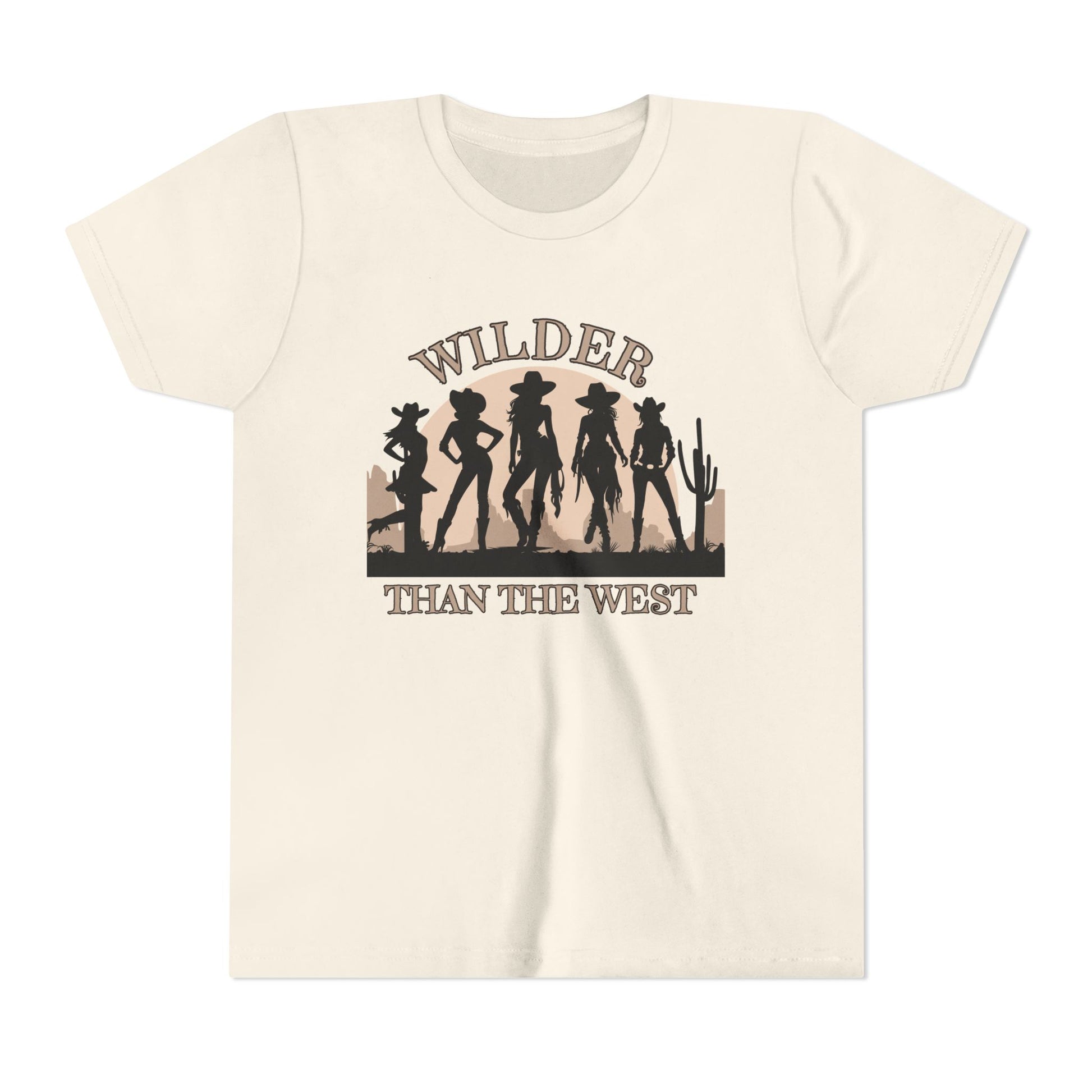 Wilder than the West shirt for youth girls features western silhouettes of five cowgirls standing proud in a desert scene. A natural-toned cowgirl tee for girls who love rodeo life, horse riding, and the coastal cowgirl aesthetic. Available in sizes S–XL and part of a mommy and me match collection. Great for bachelorette weekends, music festivals, and southern coquette style with a bold quote tee look.