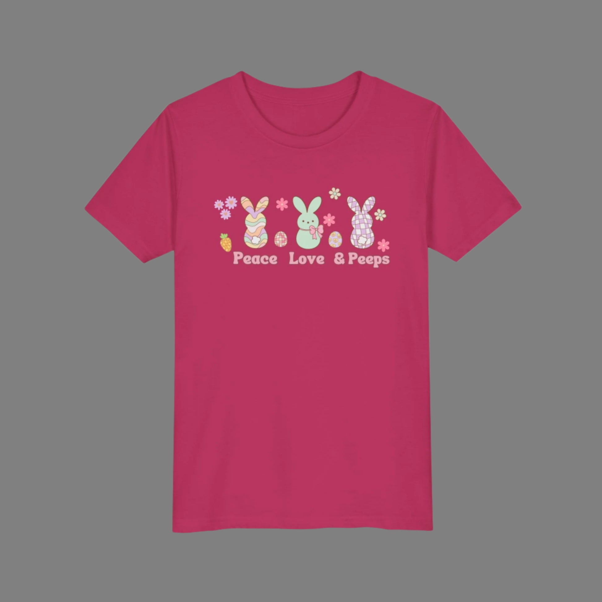 Image: Peace Love and Peeps Easter Shirt for Adults and Children. This Mommy and Me Match Easter Tee features Peeps Easter Candy with Easter Eggs and Daisies. A great Easter shirt for your family holiday celebrations, by jaecrece