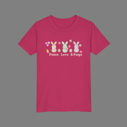 Image: Peace Love and Peeps Easter Shirt for Adults and Children. This Mommy and Me Match Easter Tee features Peeps Easter Candy with Easter Eggs and Daisies. A great Easter shirt for your family holiday celebrations, by jaecrece