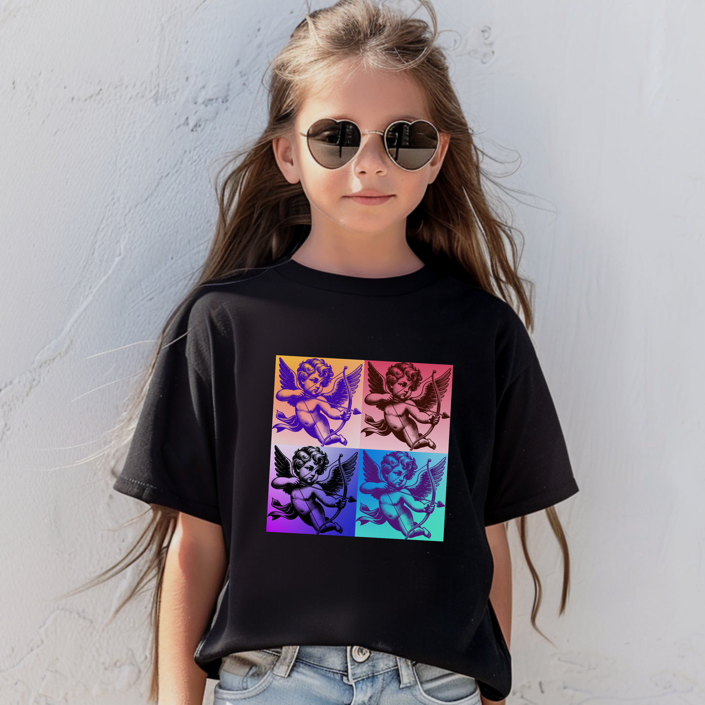 This Cupid in the clouds shirt for kids blends retro pop art aesthetics with modern coquette charm, making it a stylish staple in black, pink, or white. The bold graphic pops with whimsy and fun, ideal for fashion-forward kids who love celestial designs or artsy graphics. With matching styles available for toddlers and adults, this tee is perfect for family photos, holidays, or just everyday flair.