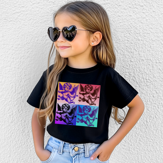 This pop art Cupid kids' tee makes a unique style statement with a vintage-inspired cloud graphic that’s both playful and bold. The soft pink, black, and white colors give it a dreamy aesthetic while still feeling edgy and cool. Sized S–XL, this shirt is great for kids who love expressive fashion. Also offered in toddler and adult sizes, it’s perfect for coordinated looks and family photos with a fun, art-driven twist.