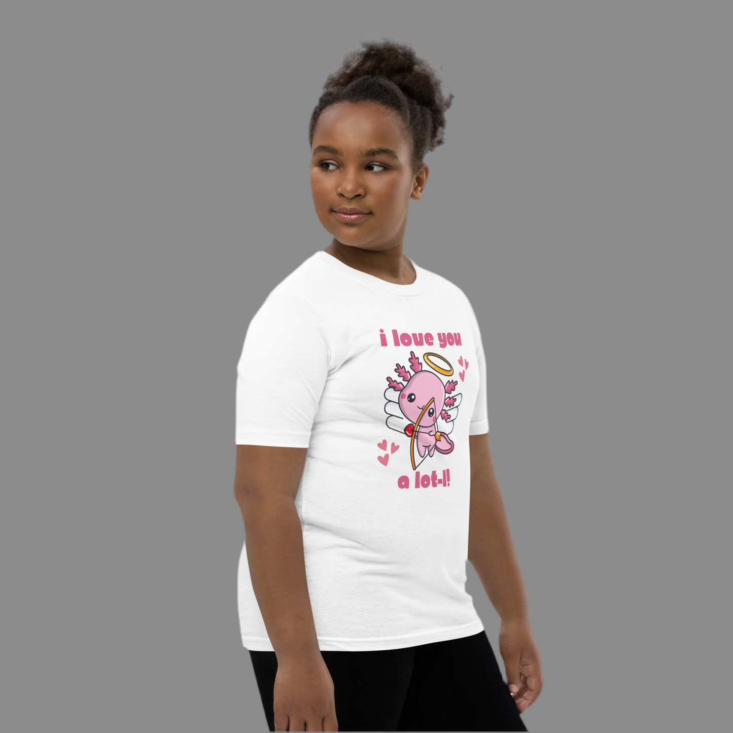 I Love You A Lot-L Youth Short Sleeve T-Shirt- this adorable Valentines Day tee shows your support for the axolotl population. It features a pink axolotl Cupid with the words I love you A Lot-L! The perfect gift for an  animal lover, by jaecrece