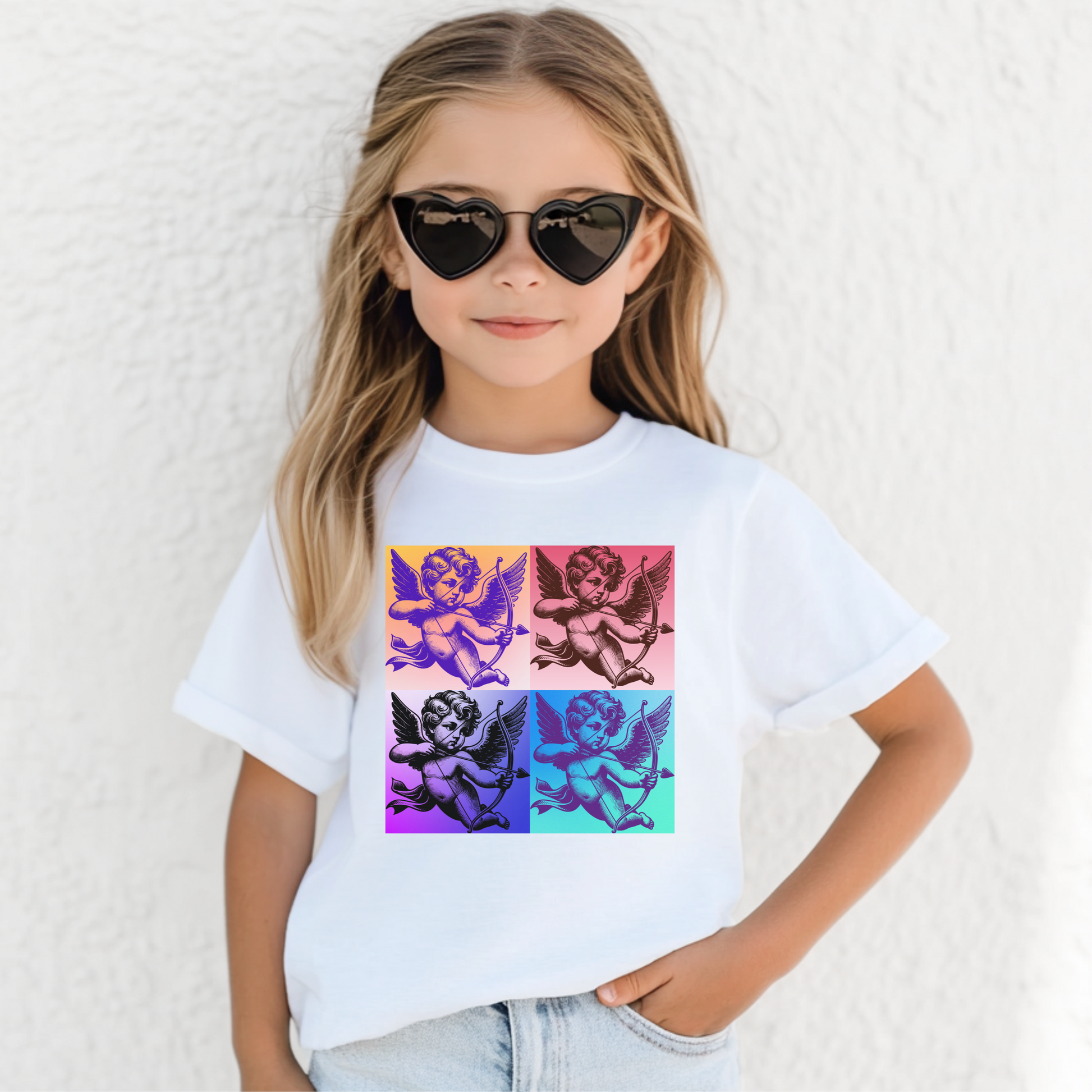 Your child will stand out in this trendy pop art Cupid tee, featuring a vintage-inspired illustration of Cupid in the clouds. This soft girl-friendly shirt in pink, black, or white makes a playful fashion statement and is perfect for gifting, holidays, or coordinated family looks. Sizes range from S–XL, and with matching adult and toddler shirts, the whole family can rock this bold, art-driven design together.