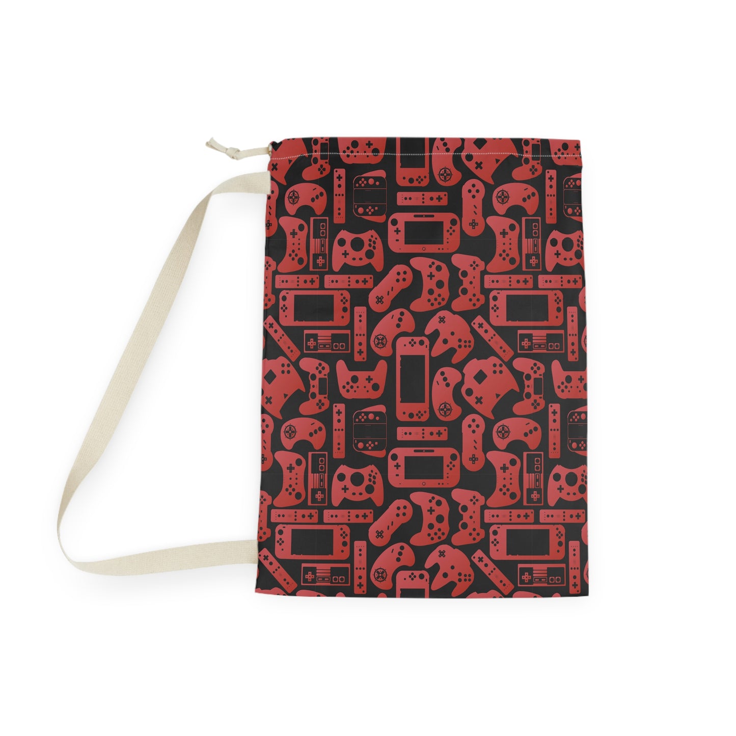 Black & Red Gamer Laundry Bag, Custom Name Drawstring Laundry Bag