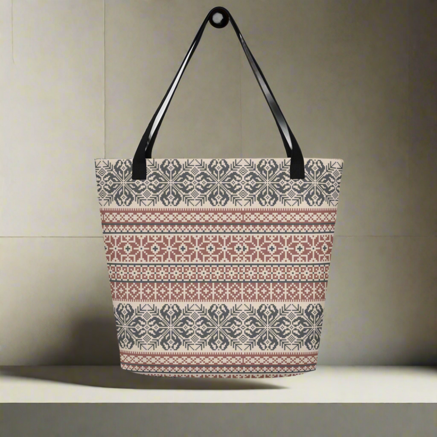 Image: Fair Isle Tote bag in shades of burgundy and navy. This winter carryall has a Nordic pattern of flowers and snowflakes, by jaecrece