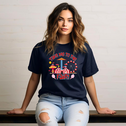 Take Me to the Fair Shirt, State County Fair T-Shirt, Summertime Festival Tee, Ferris Wheel Big Tex Cotton Candy, Iowa Texas Minnesota Fair. This tee features a graphic of carnival rides and cotton candy, by jaecrece