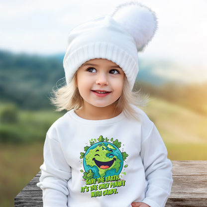 Image: Earth Day kids sweatshirt, available in white, black, grey, forest green and navy. Save the Planet youth unisex crewneck shirt with large cartoon smiling planet earth, with water and leaves. Text reads Save the Earth! Its the only planet with candy! Makes a great gift and reminder to save our planet, by jaecrece