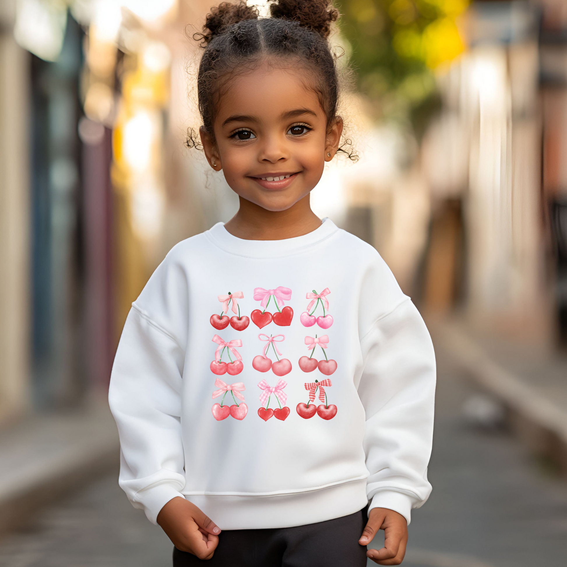 Image: Cherry Bow Girls Sweatshirt, available in Hot pink, White and dark gray. This coquette aesthetic shirt features 9 different cherries with bows, making a large soft girly graphic. Makes a great Valentines gift for toddlers and little girls, by jaecrece