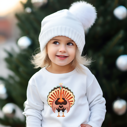 Image: Turkey Day Sweatshirt in Child Sizes. This Thanksgiving Day crewneck Sweater features a large Turkey making the love sign with his hands. This kids cozy pullover makes a perfect gift or Turkey Trot outfit, by jaecrece