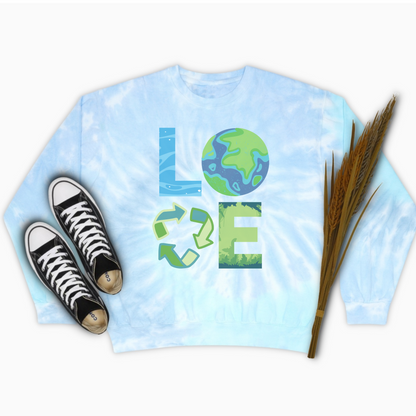 Image: LOVE Earth Blue Tie Dye Sweatshirt, perfect for Earth Day, the letters in LOVE represent our planets oceans, Mother Earth, Reduce, Reuse Recycle, and our plants and trees. This graphic is printed on a blue tie dye crewneck sweatshirt, by jaecrece