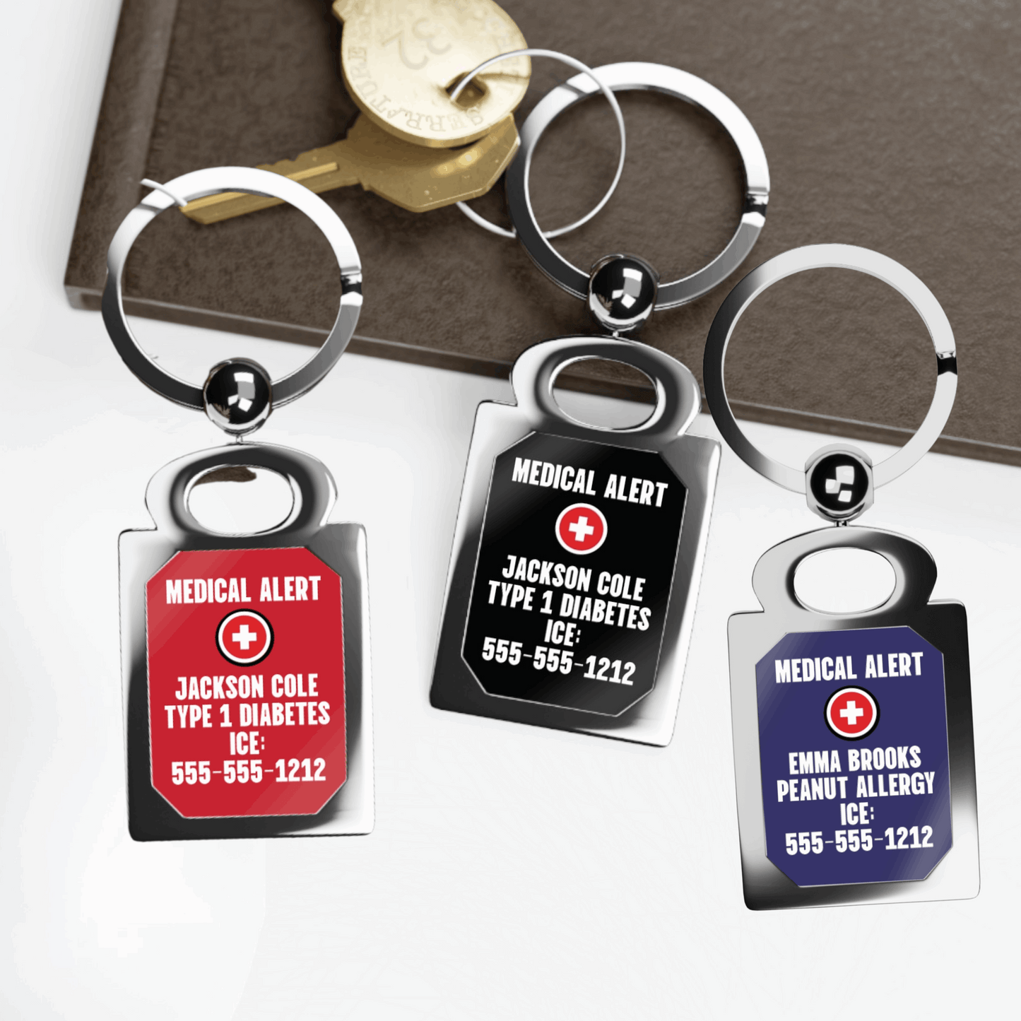 Red Medical Alert Cross Rectangle Keyring — Personalized Type 1 Diabetes ID Keychain (Includes ICE Emergency Number)
