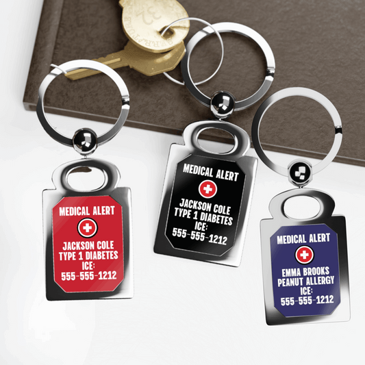 Red Medical Alert Cross Rectangle Keyring — Personalized Type 1 Diabetes ID Keychain (Includes ICE Emergency Number)