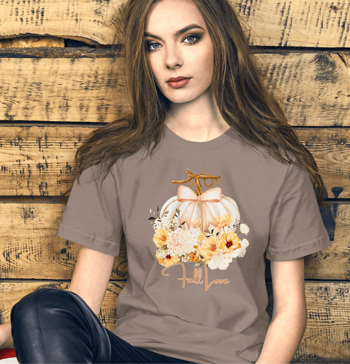 Fall Love Tshirt, featuring a white pumpkin with a peach ribbon, surrounded by fall flowers. The text reads fall, love, by jaecrece.