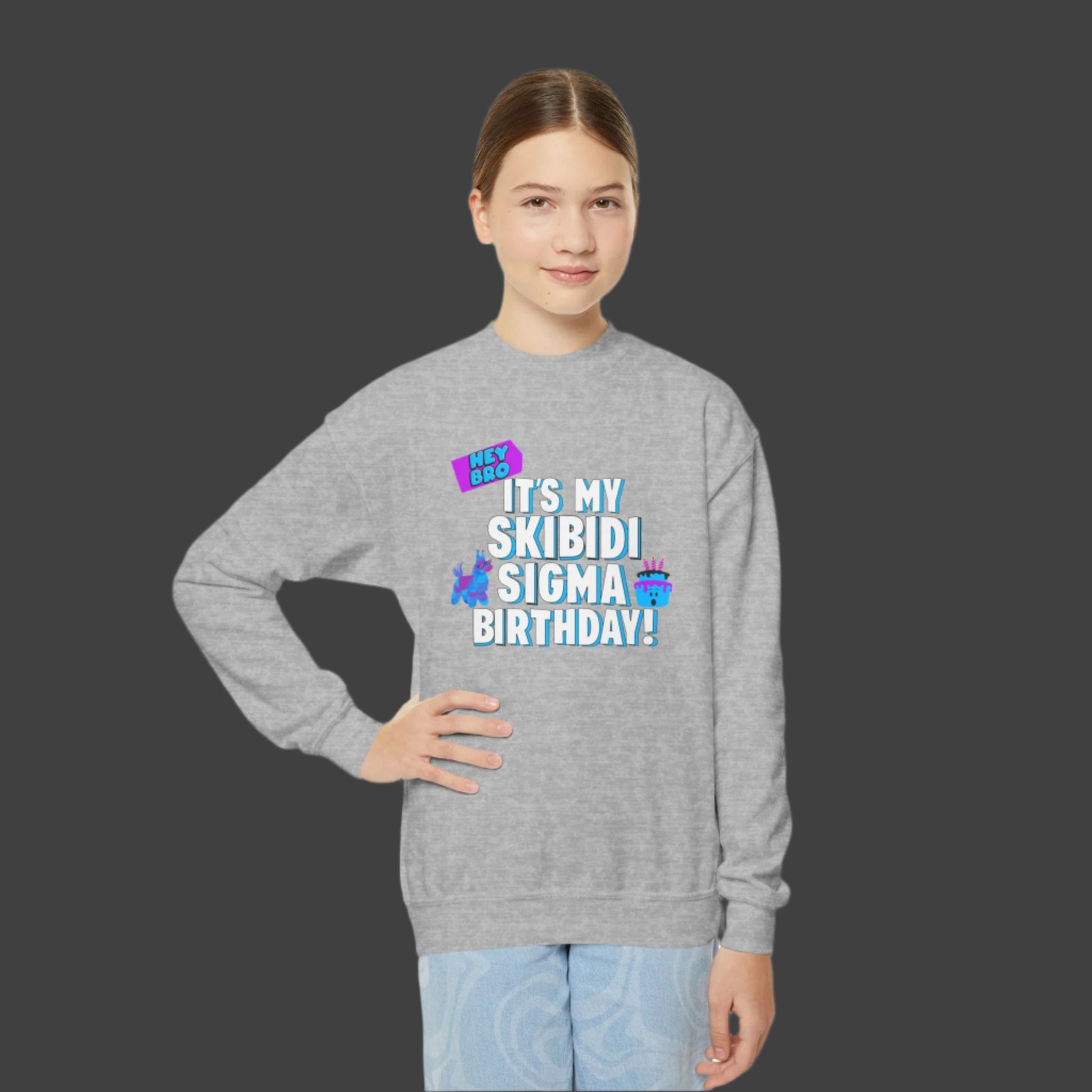 Image: Skibidi Sigma Birthday shirt for Boys and Girls. This tshirt says Hey Bro, its my Skibidi Sigma Birthday with a llama pinata and a birthday cake, by jaecrece