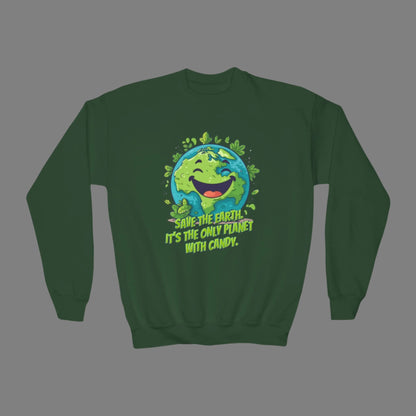 Image: Earth Day kids sweatshirt, available in white, black, grey, forest green and navy. Save the Planet youth unisex crewneck shirt with large cartoon smiling planet earth, with water and leaves. Text reads Save the Earth! Its the only planet with candy! Makes a great gift and reminder to save our planet, by jaecrece