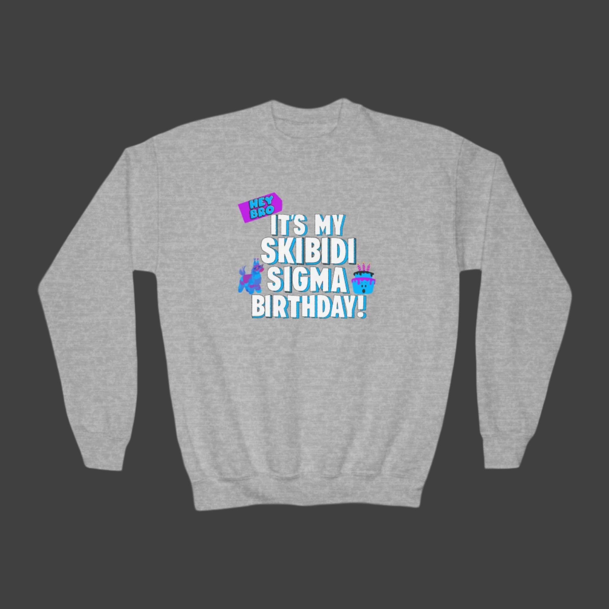Image: Skibidi Sigma Birthday shirt for Boys and Girls. This tshirt says Hey Bro, its my Skibidi Sigma Birthday with a llama pinata and a birthday cake, by jaecrece