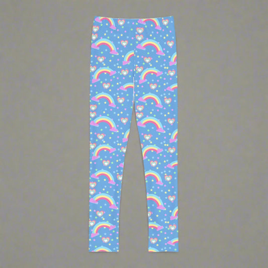 Blue Fairy Tale Girls Leggings, in sizes for toddlers, girls, teens and tweens. These pastel blue yoga pants feature a whimsical design of rainbows, hearts and stars. The perfect tights for your whimsical child,  by jaecrece