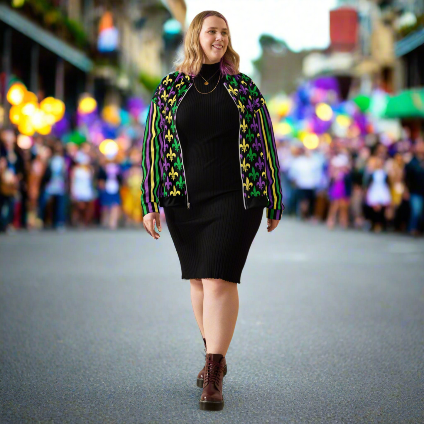 Image: Mardi Gras Unisex Bomber Jacket. This lightweight NOLA apparel is perfect for parades in the French Quarter, or Mardi Gras themed fun runs. It features a gold, green and purple fleur de lis pattern on the front and back, with gold, purple and green stripes going down each arm. Plus sizes available, by jaecrece