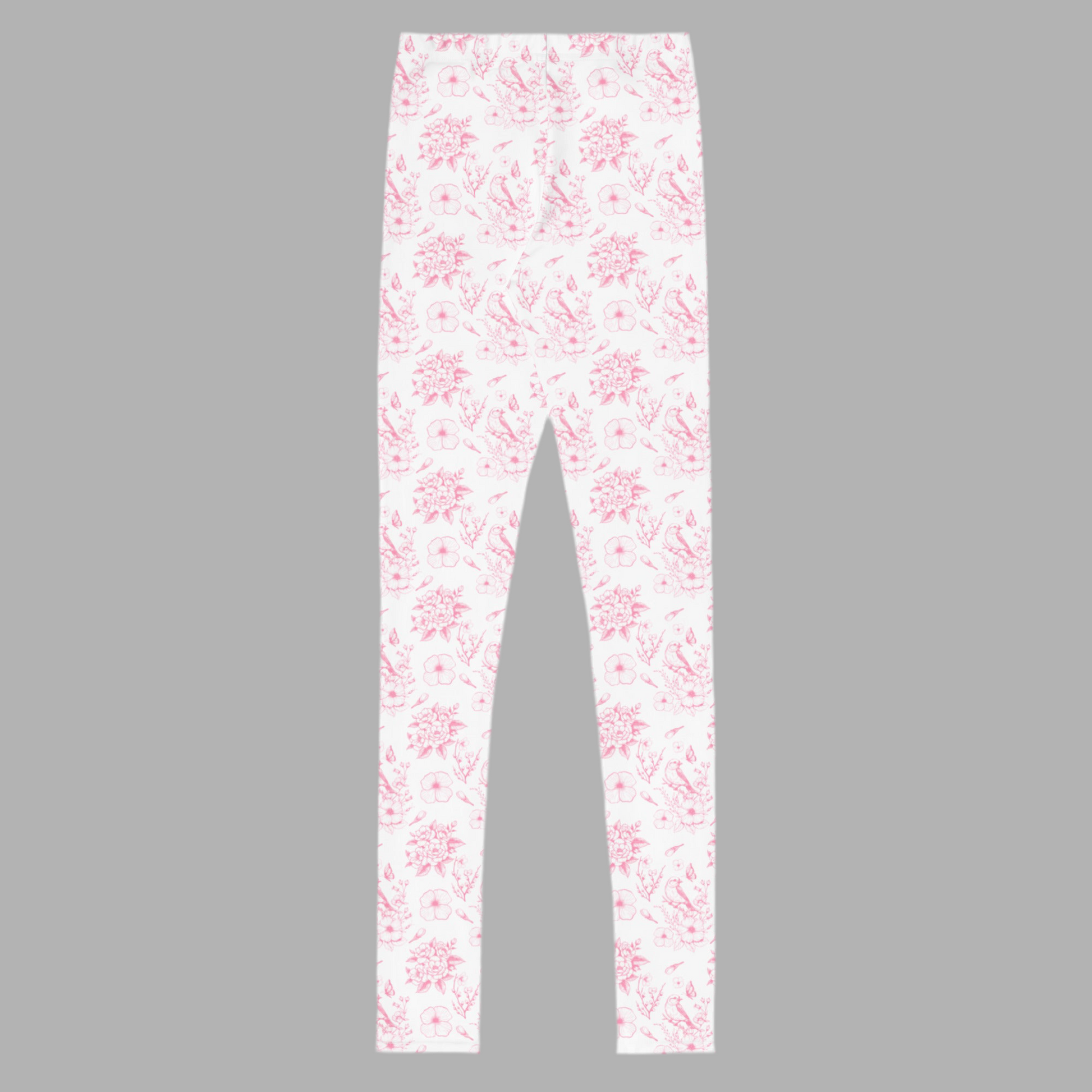 Image: Delicate pink toile leggings for tweens and teens who enjoy vintage floral patterns and soft spring colors. Designed for comfort and ease of movement, these youth leggings are ideal for casual wear, Easter outfits, or family matching moments. Sizes range from 8 to 20, offering a perfect fit for growing girls who want both style and comfort in one look, by jaecrece.