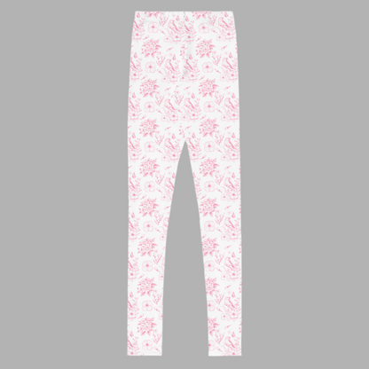 Image: Delicate pink toile leggings for tweens and teens who enjoy vintage floral patterns and soft spring colors. Designed for comfort and ease of movement, these youth leggings are ideal for casual wear, Easter outfits, or family matching moments. Sizes range from 8 to 20, offering a perfect fit for growing girls who want both style and comfort in one look, by jaecrece.