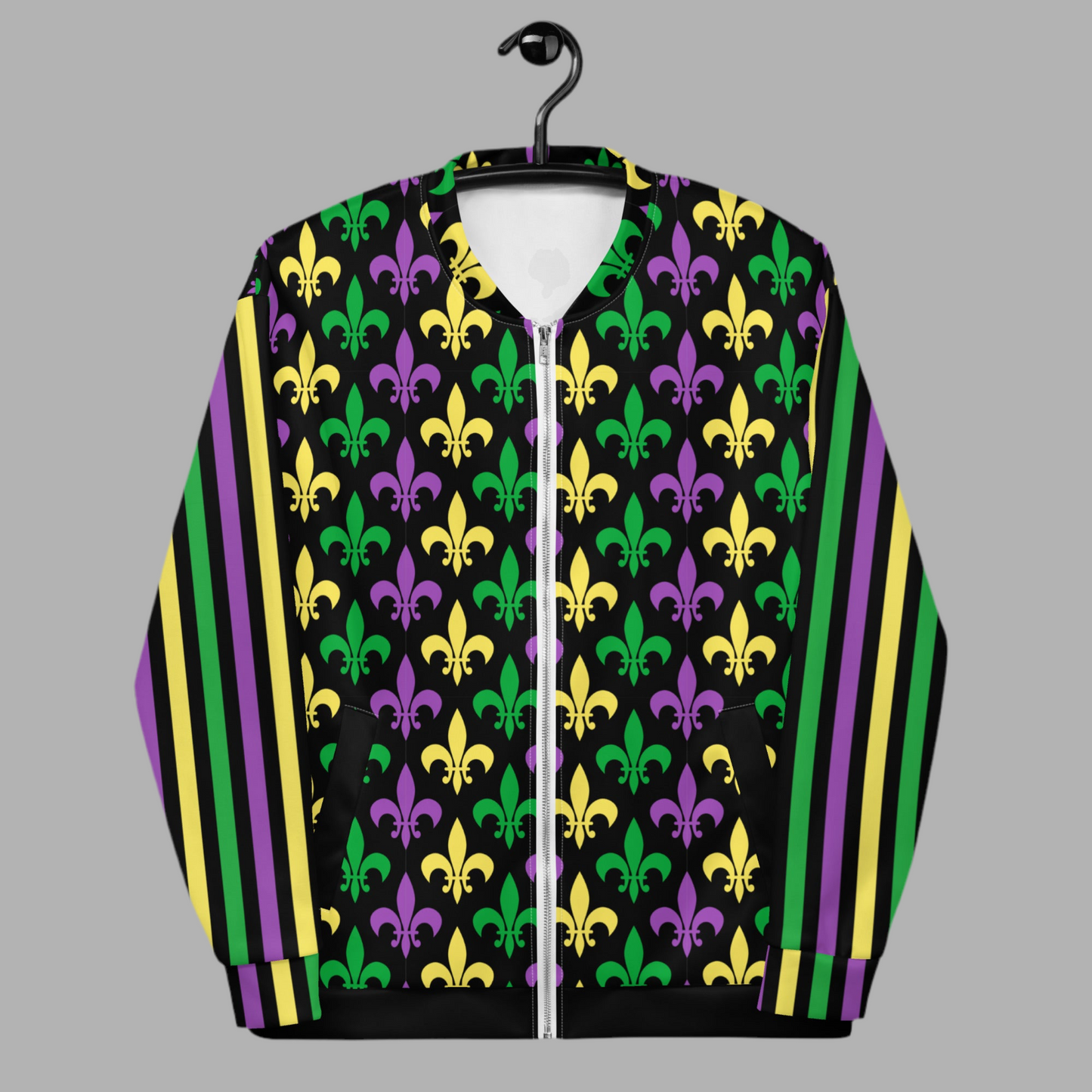 Image: Mardi Gras Unisex Bomber Jacket. This lightweight NOLA apparel is perfect for parades in the French Quarter, or Mardi Gras themed fun runs. It features a gold, green and purple fleur de lis pattern on the front and back, with gold, purple and green stripes going down each arm. Plus sizes available, by jaecrece